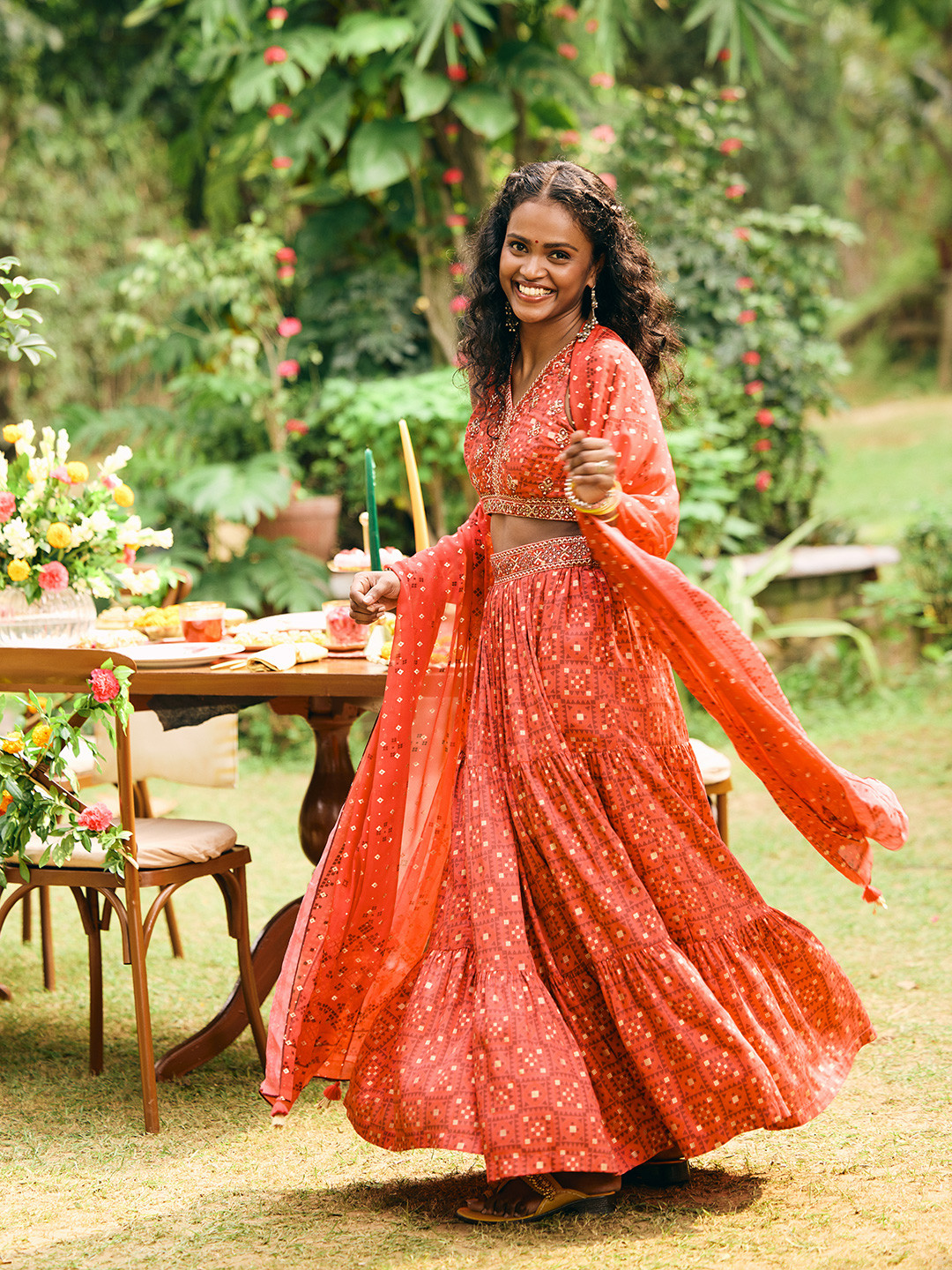 Global Desi Printed Top & Skirt With Dupatta