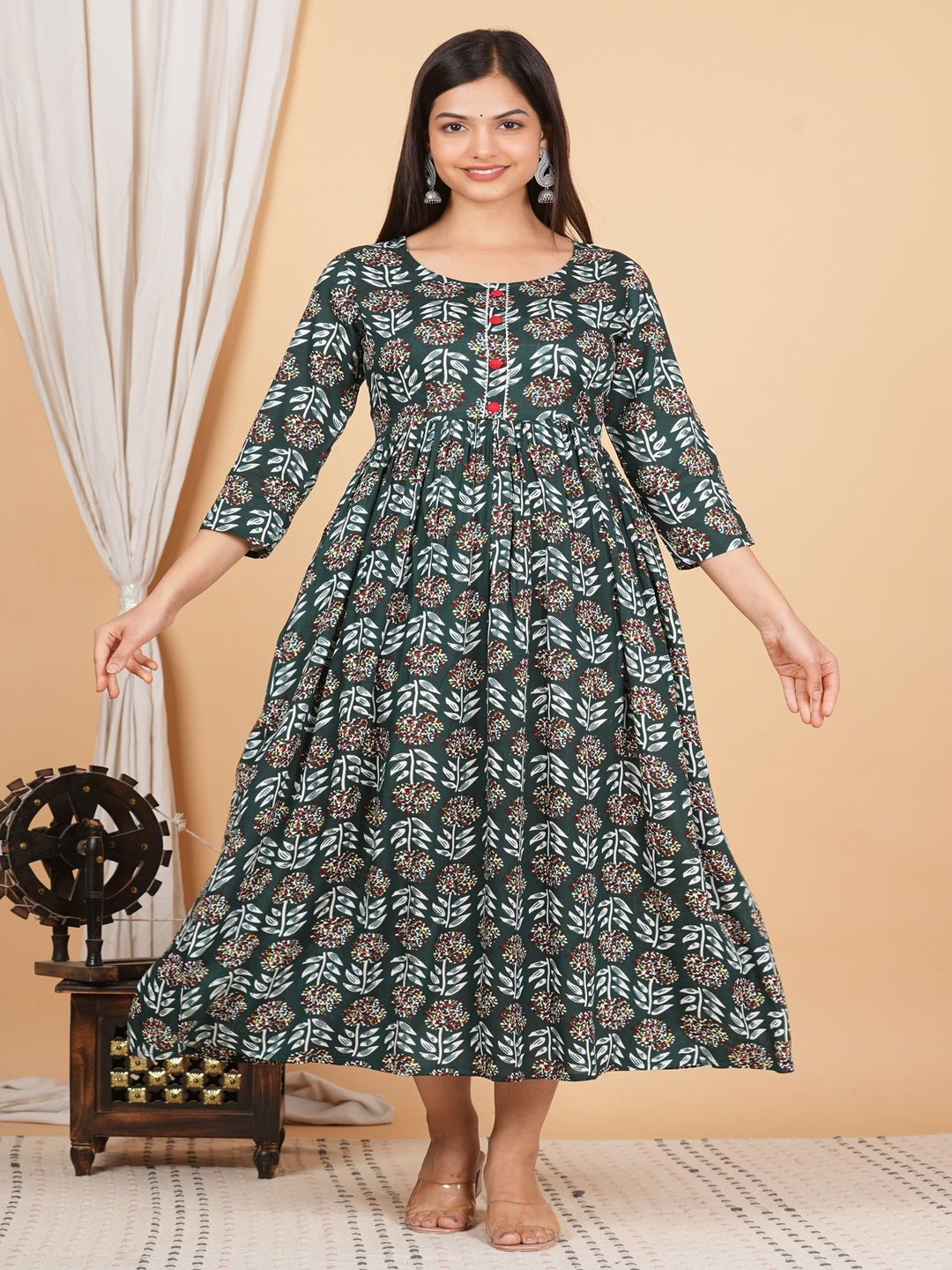 PRIYAGANI GARMENTS Floral Printed Round Neck Three-Quarter Sleeves Ethnic Dress