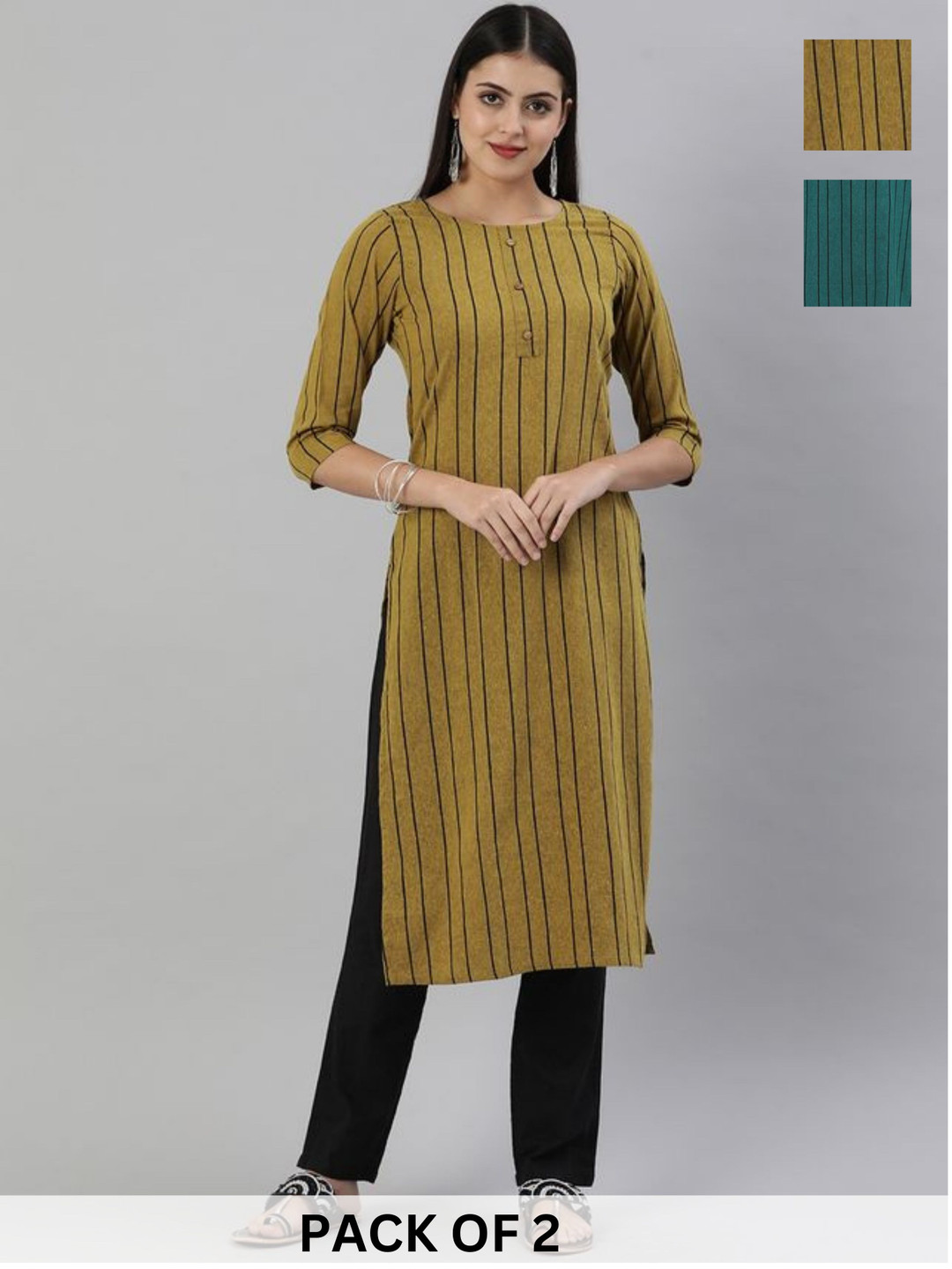 KALINI Selection Of 2 Striped Round Neck Machine Weave Straight Kurta
