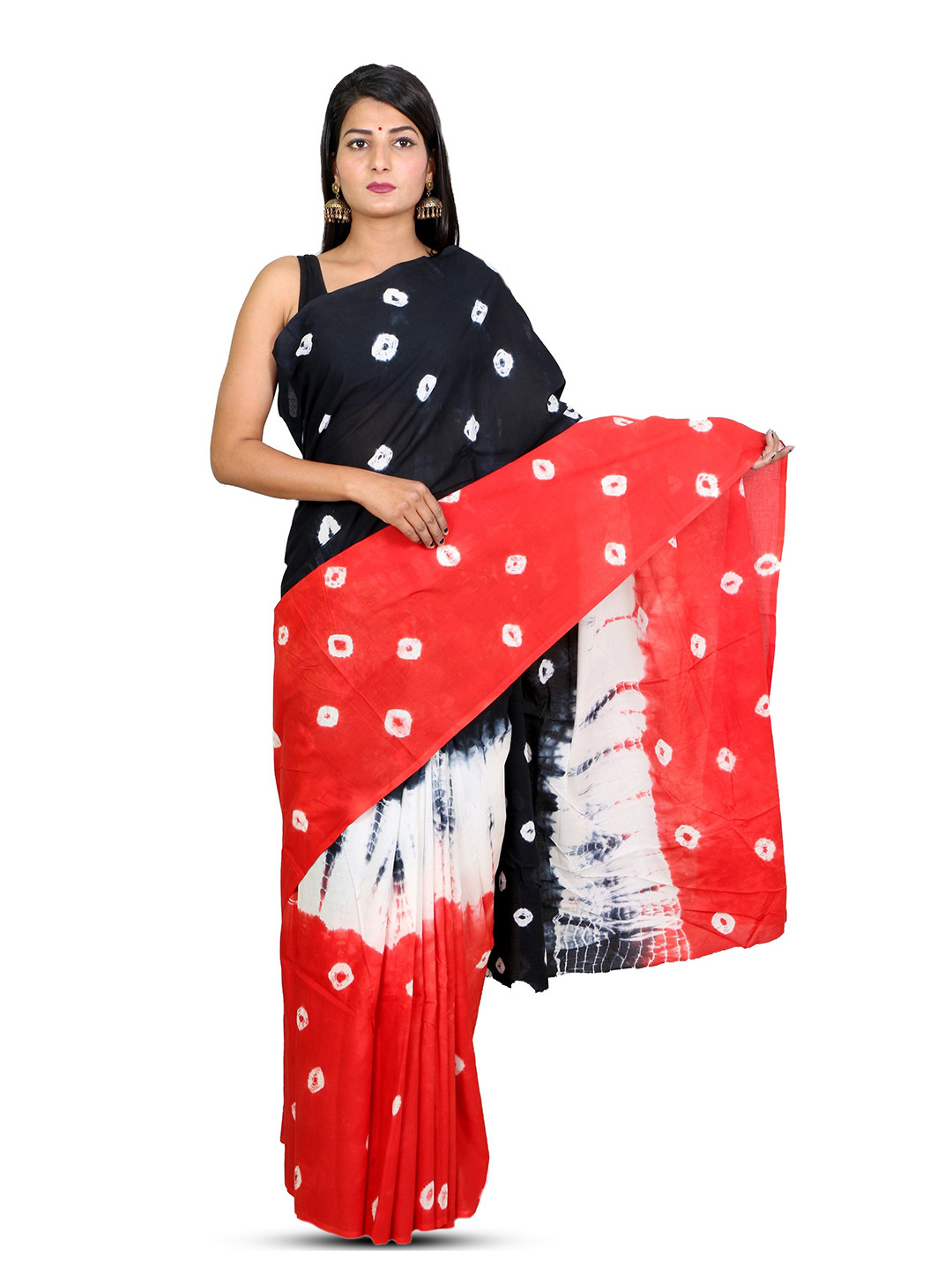 THE FAMILIAR HANDICRAFTS Bandhani Pure Cotton Ikat Saree