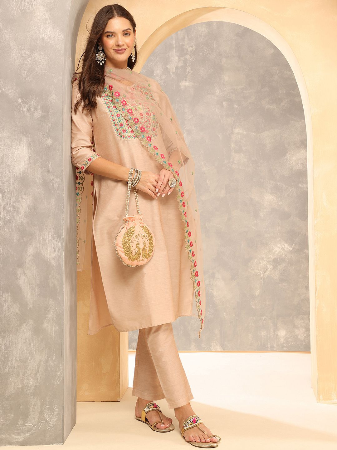 Anouk Beige Notch-Neck Floral Embroidered Straight Kurta With Trousers And Dupatta