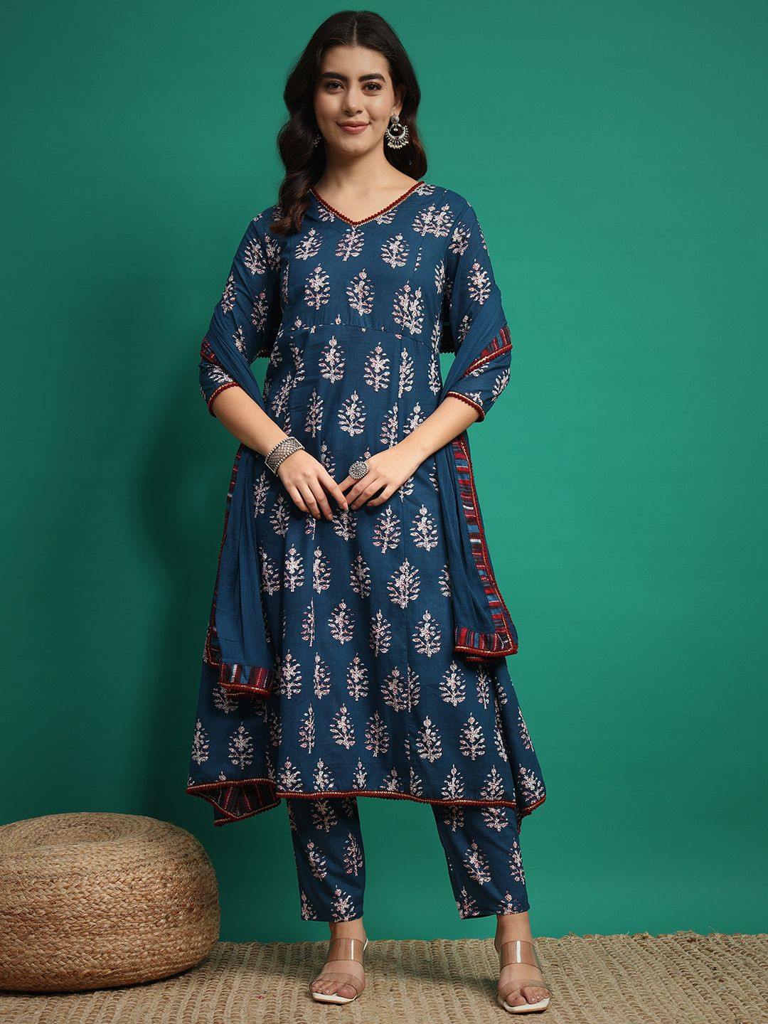 V.S.Creation Floral Printed Pure Cotton Anarkali Kurta with Trousers & With Dupatta