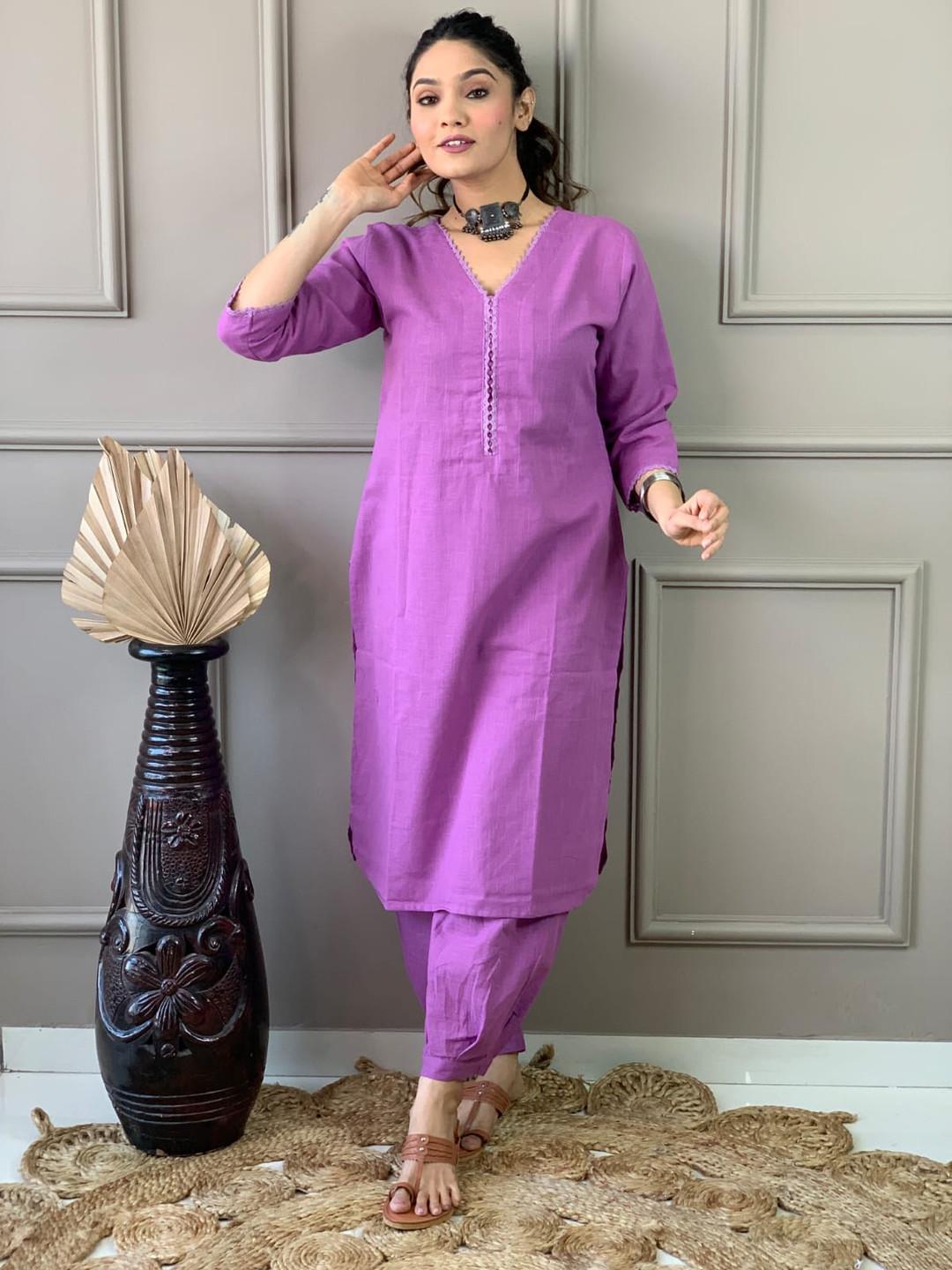 SIJOPA V Neck Pure Cotton Straight Kurta with Trousers