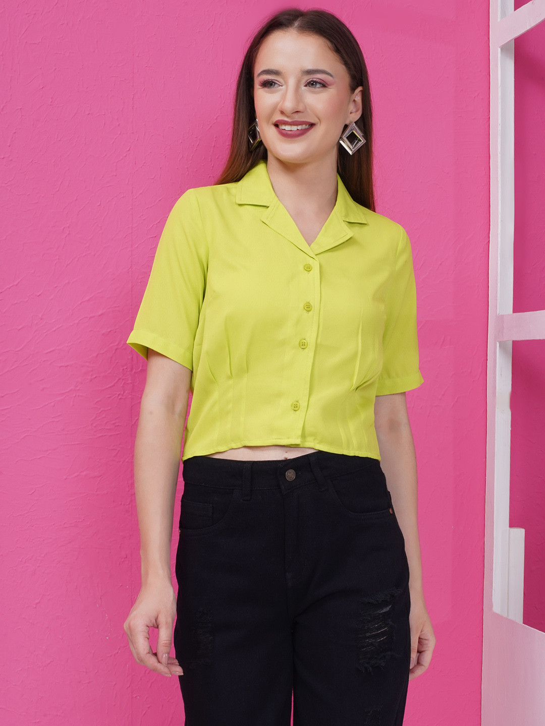 PUELLA Women Cotton Shirt Collar Short Sleeves Crop Top