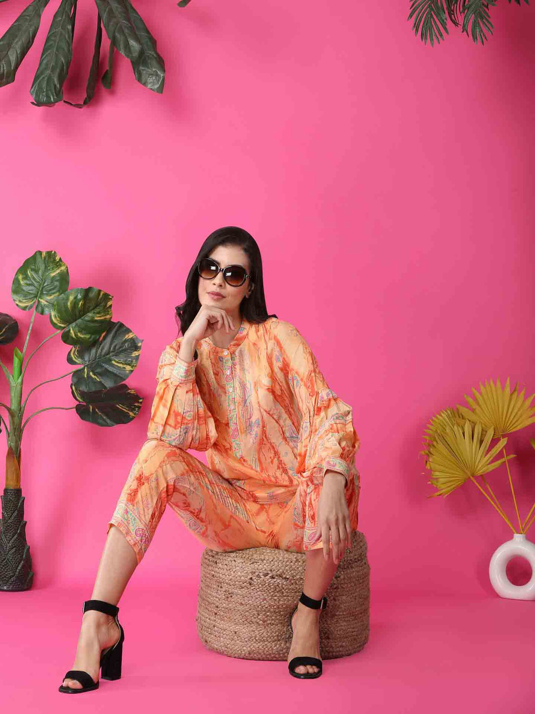 KWEEN Printed Band Collar Neck Long Sleeves Top With Trouser