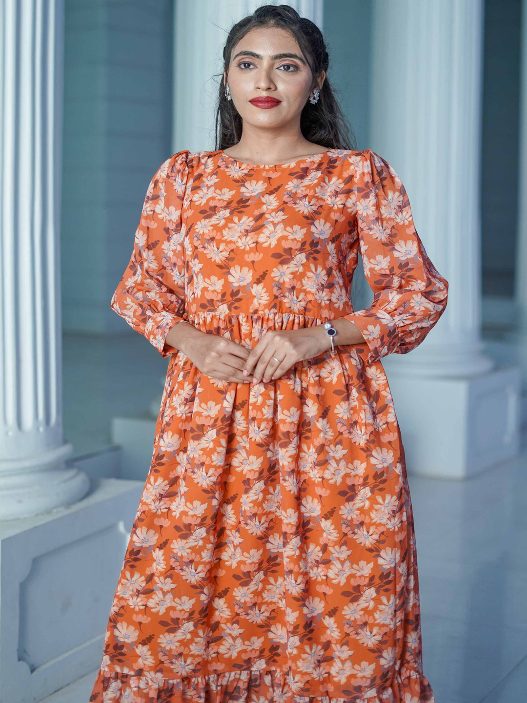 GO BOUJEE Floral Printed Cuffed Maxi Dress