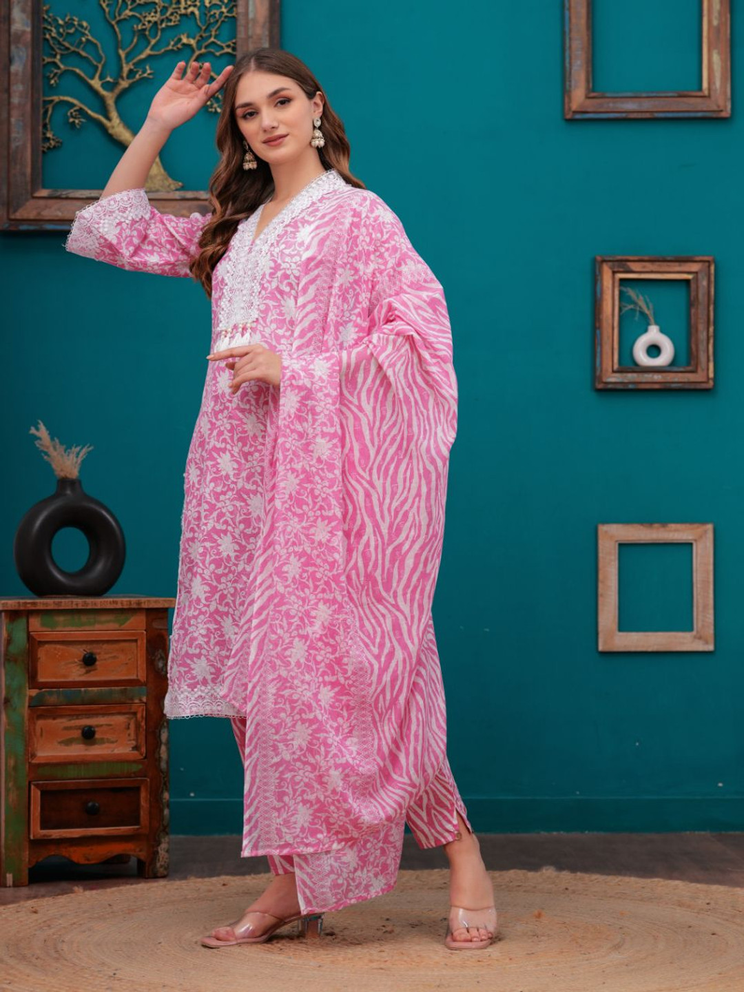 JC4U Floral Printed Pure Cotton Thread Work V-Neck Straight Kurta With Trouser And Dupatta