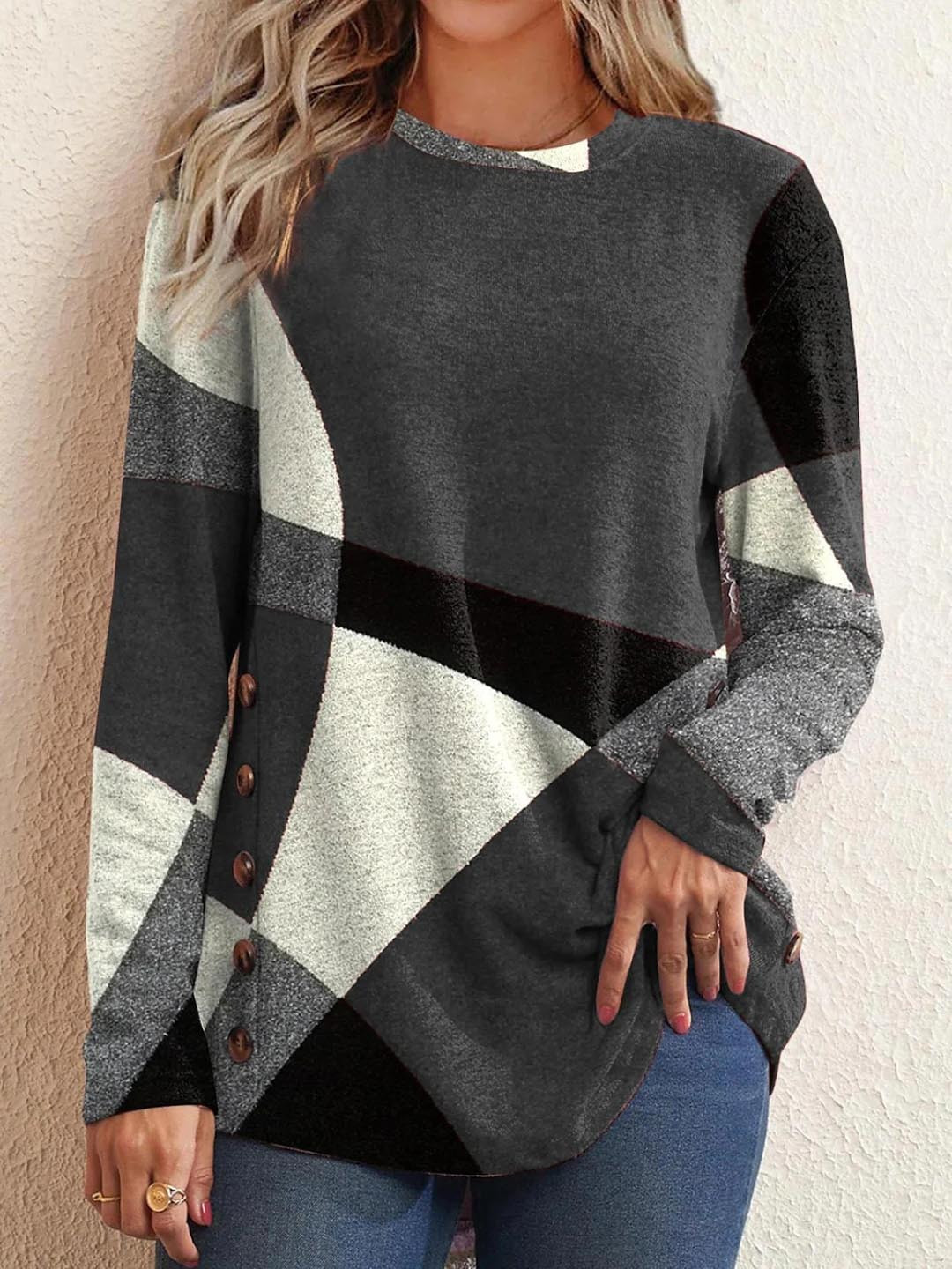 Grey Geometric Colourblocked Casual Top