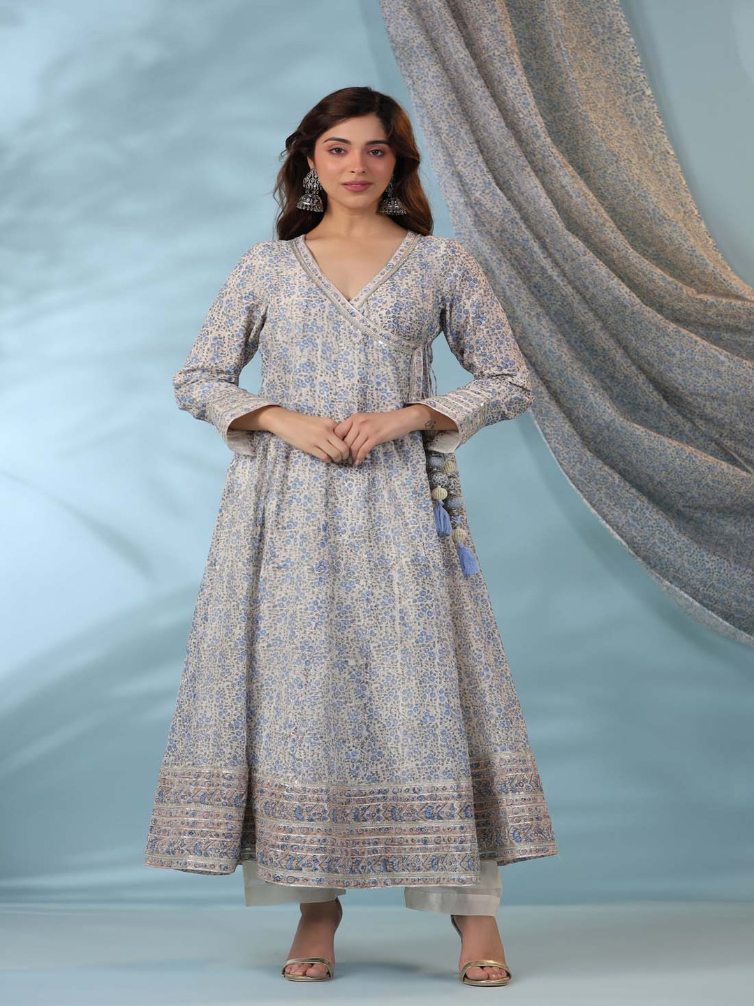 AMOREE Floral Printed V-Neck Angrakha Pure Silk Anarkali Kurta With Trousers & Dupatta