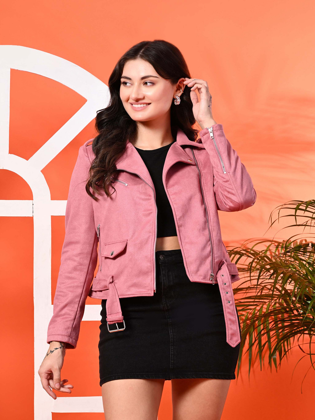 TBOJ Women Suede Lightweight Crop Outdoor Bomber with Patchwork Jacket
