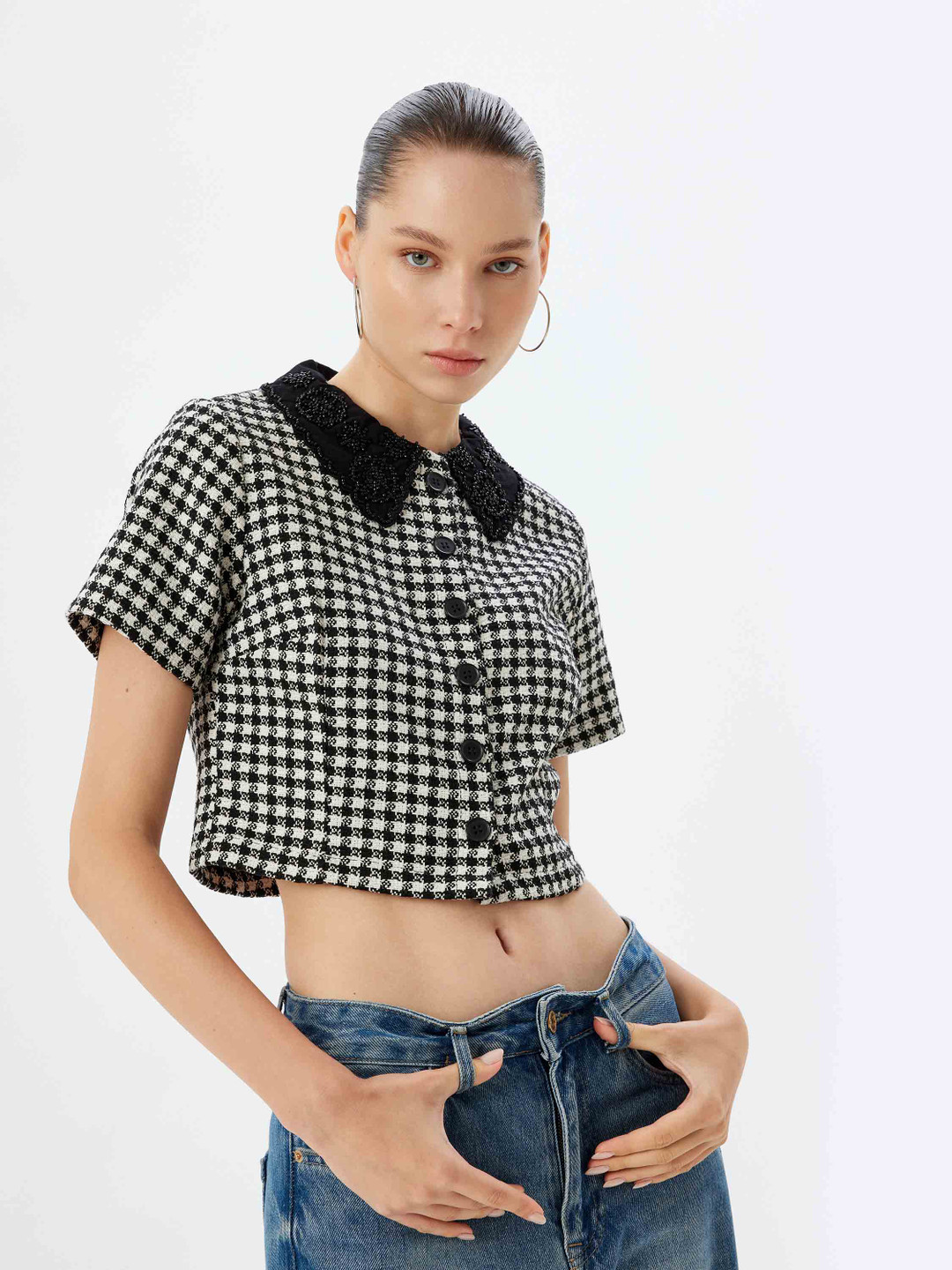 Koton Women Slim Fit Gingham Checks Peter Pan Collar Casual Shirt