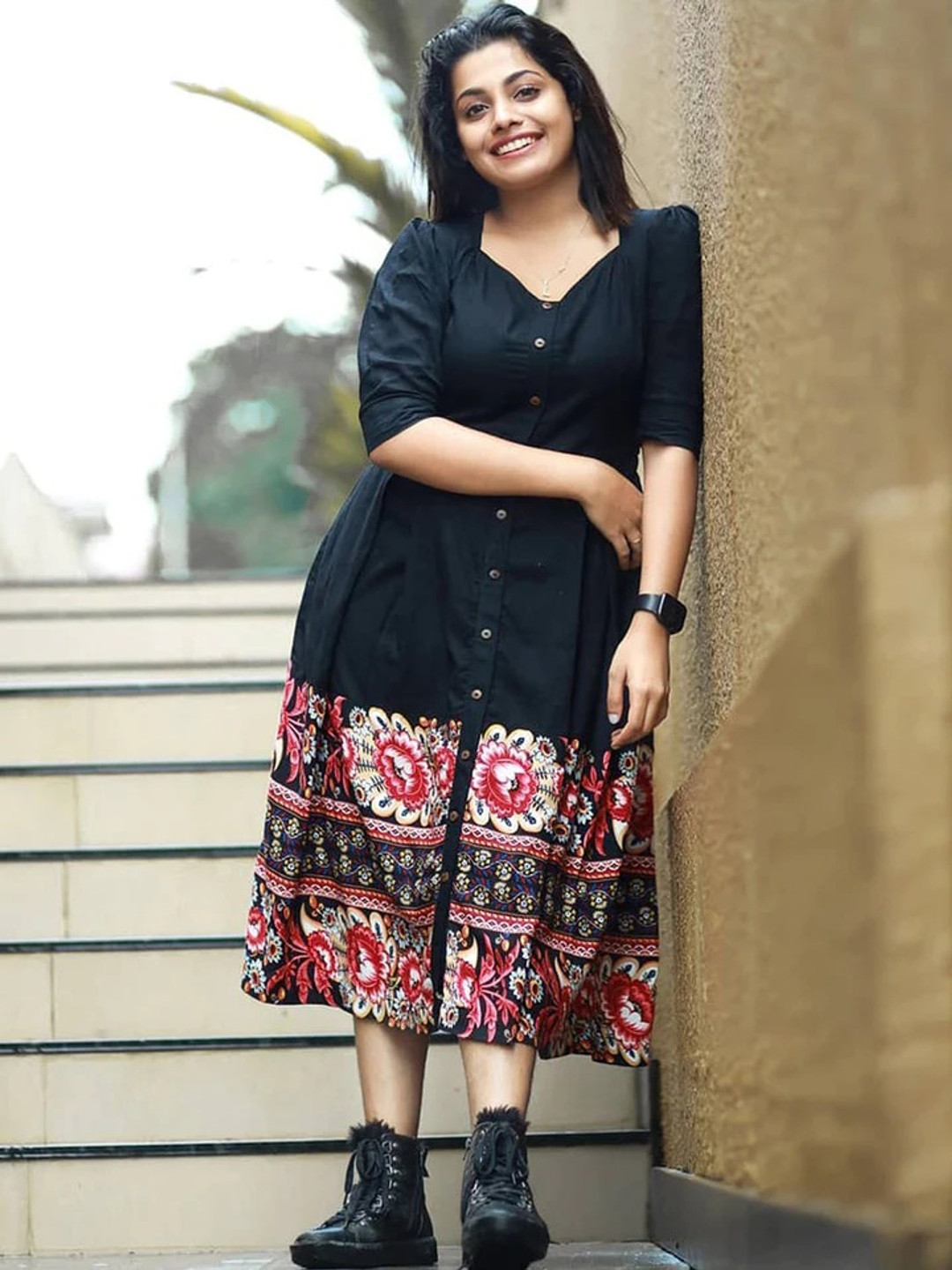 SHINISHA Print Fit and Flare Midi Dress