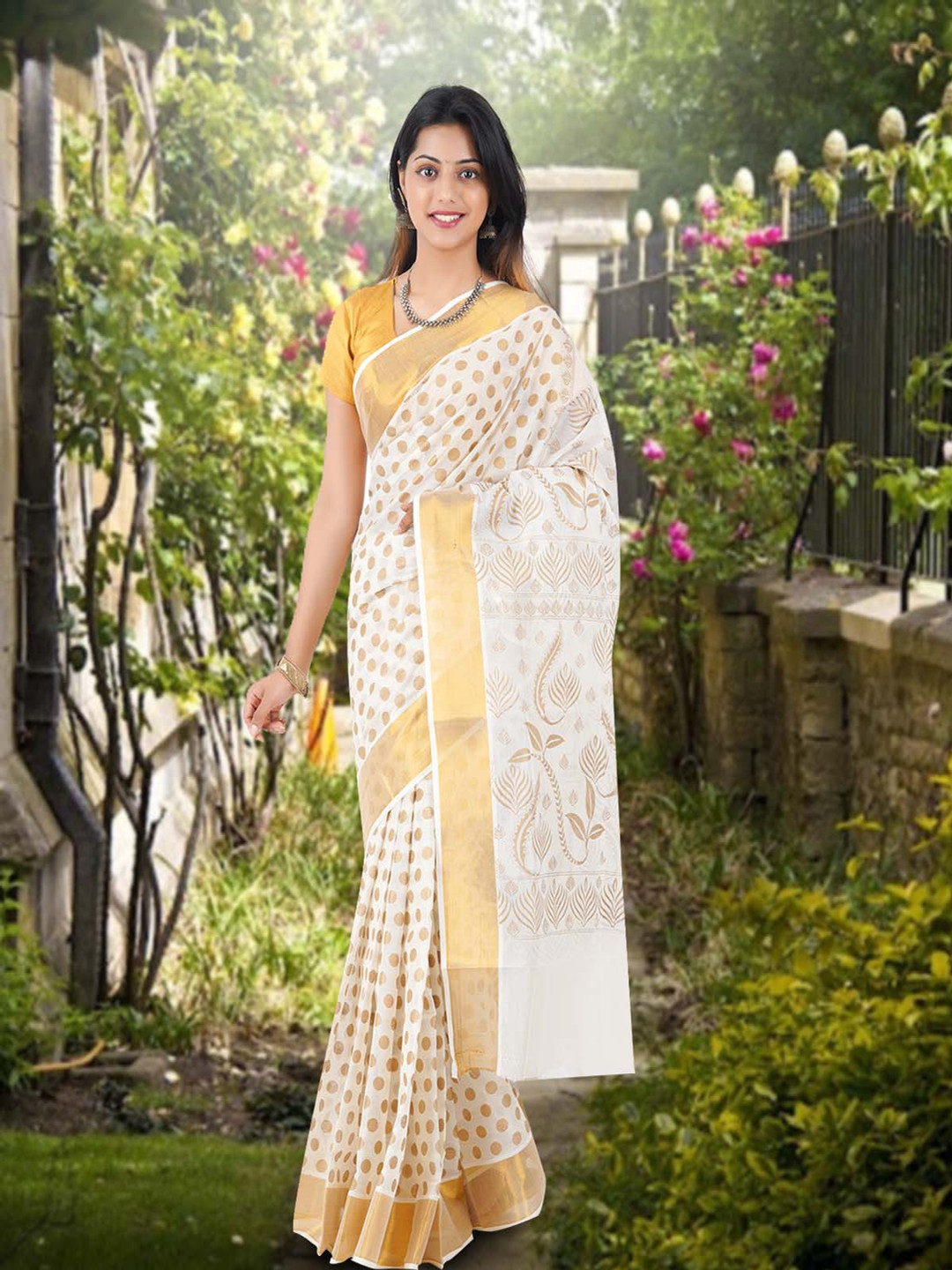 Rst R Selvamani Tex Polka Dot Zari Pure Cotton Kasavu Saree