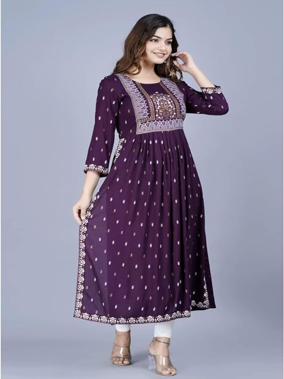 Kraniky Apparels Floral Printed Round Neck Flared Sleeves Pleated Straight Kurta