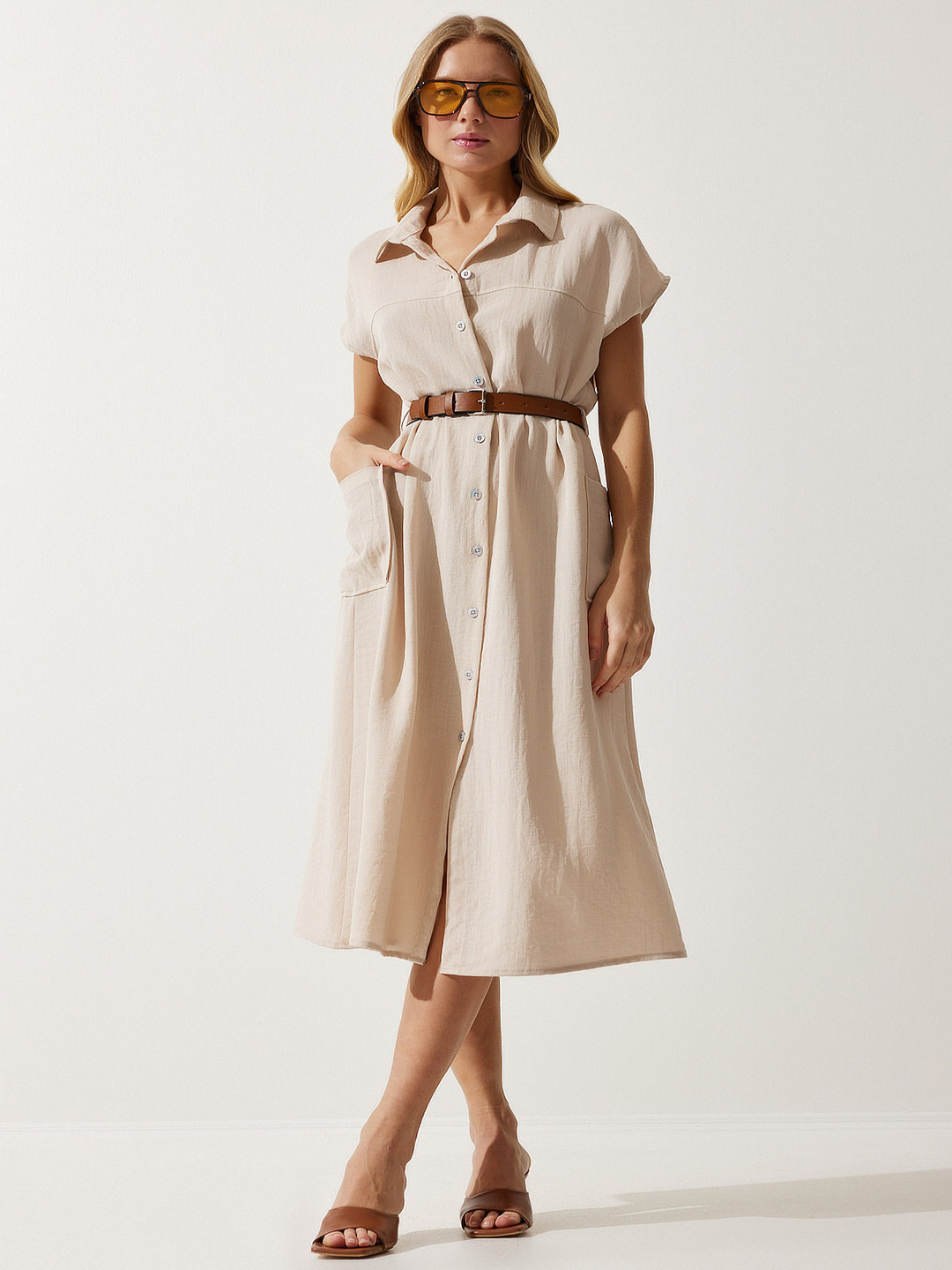 Happiness istanbul Beige Shirt Midi Dress