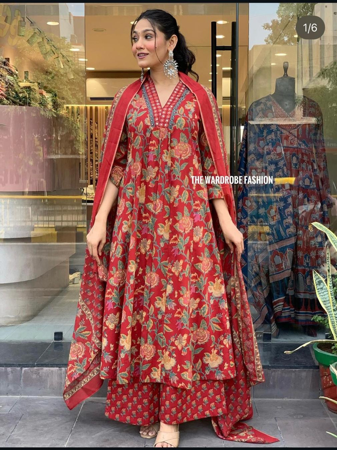 S.K.C Floral Printed Mirror Work Pleated V-Neck A-Line Kurta with Palazzo & Dupatta