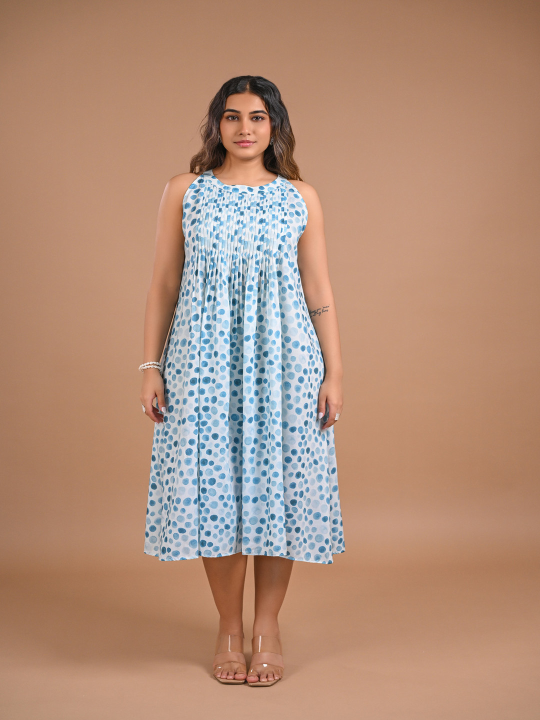 aaRVee STUDIO Polka Dot Print Pleated A-Line Midi Dress