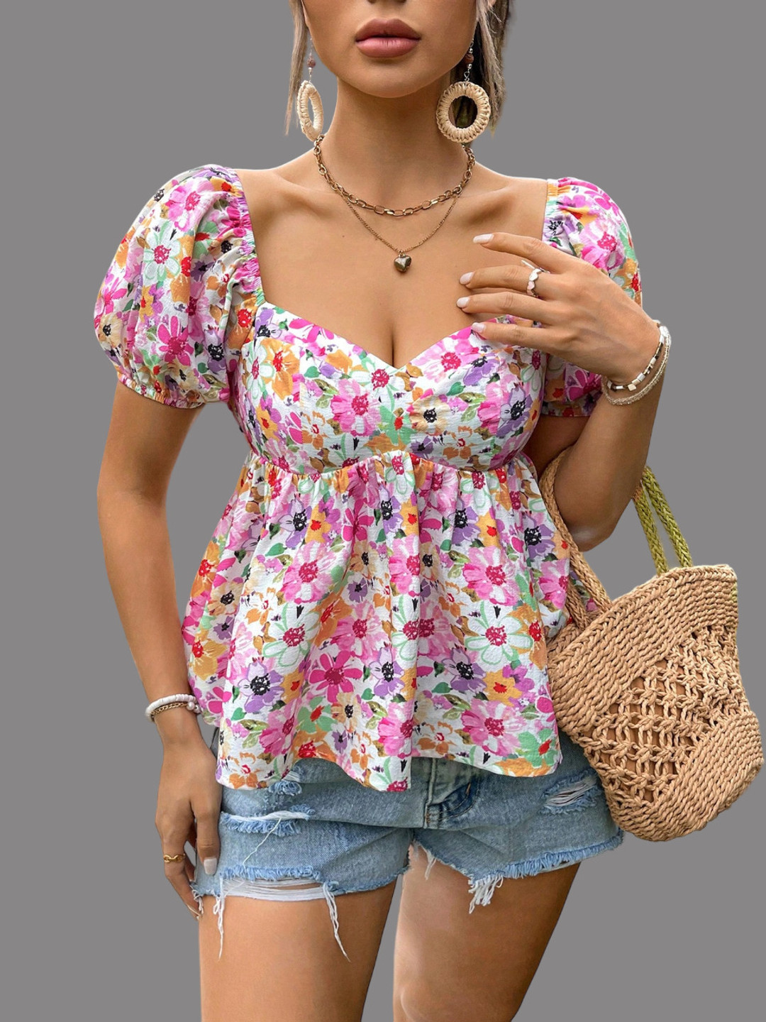 ELYRAA Women Floral Printed Sweetheart Neck Puff Sleeve Top