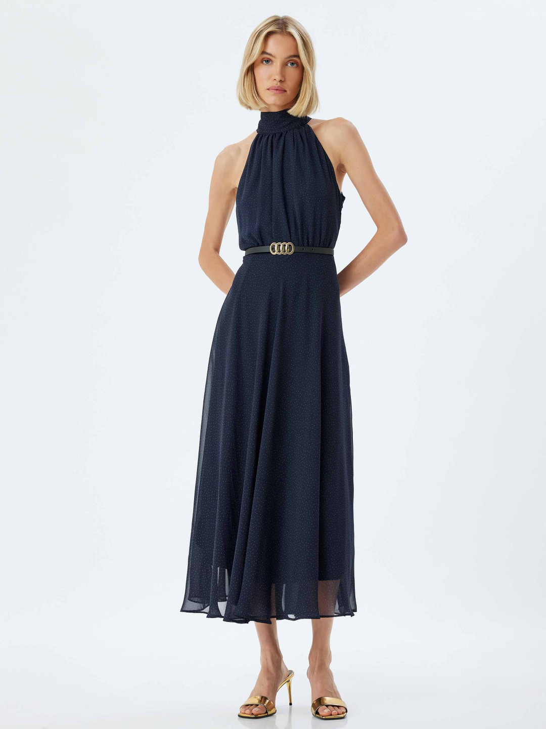 Koton Mock Neck Self Design Printed Fit & Flare Midi Dress Comes With Belt