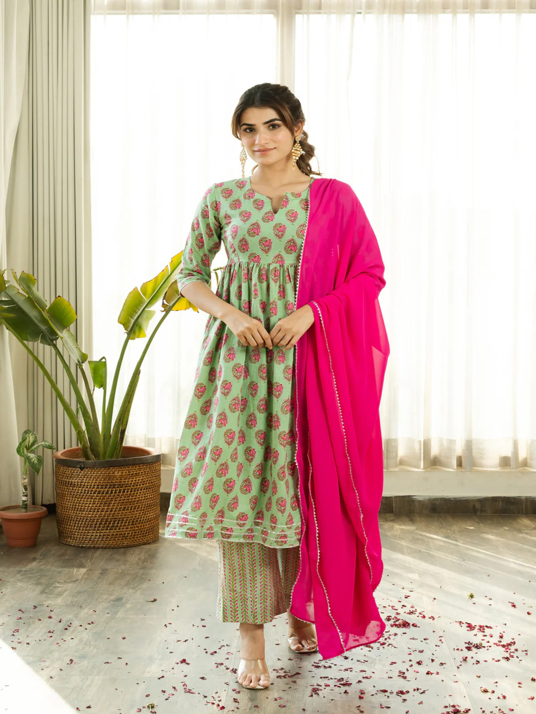 SUKITI Ethnic Motifs Printed Regular Pure Cotton Kurta with Trousers & Dupatta