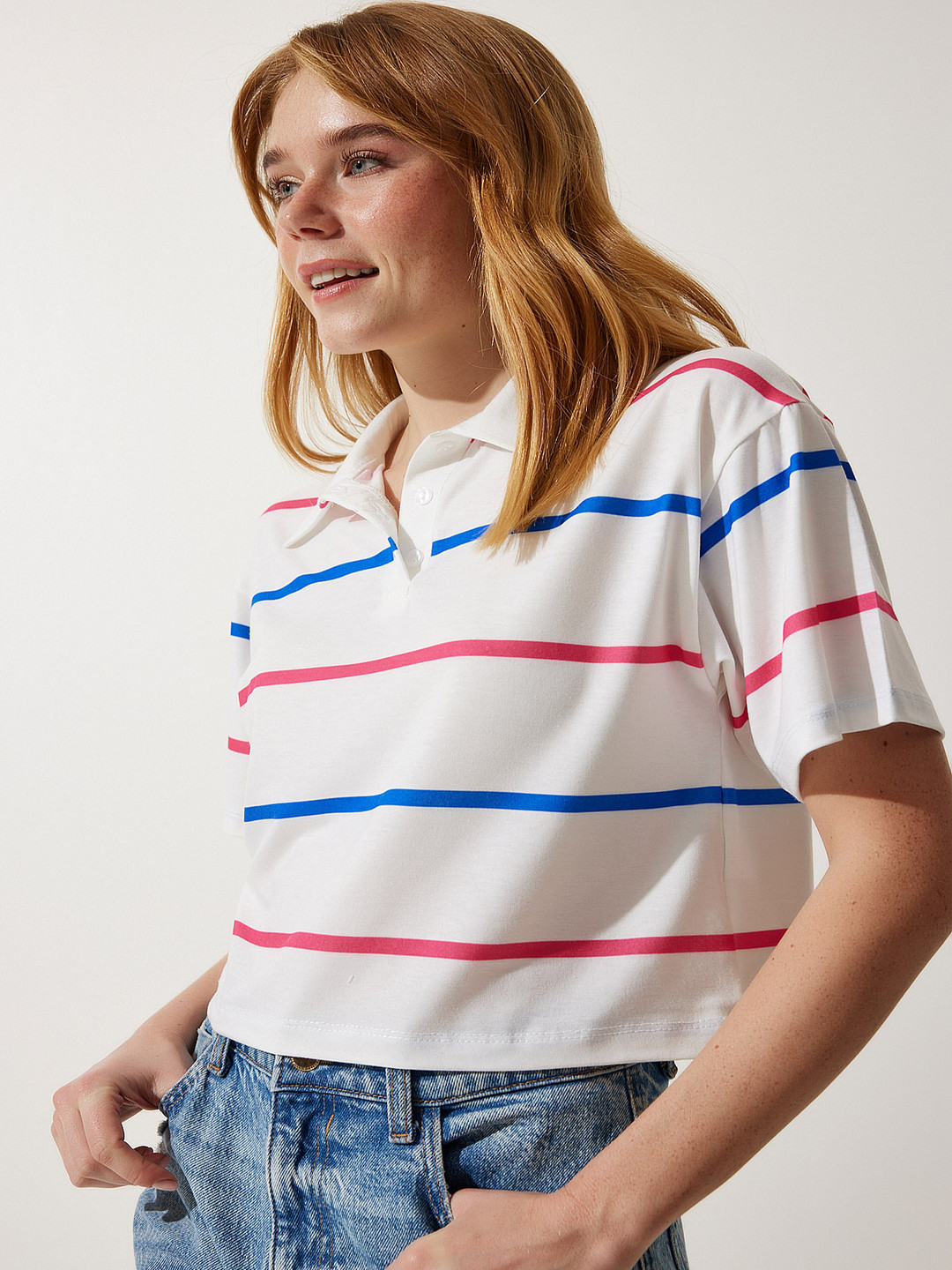 Happiness istanbul Women Striped Polo Collar Pockets T-shirt