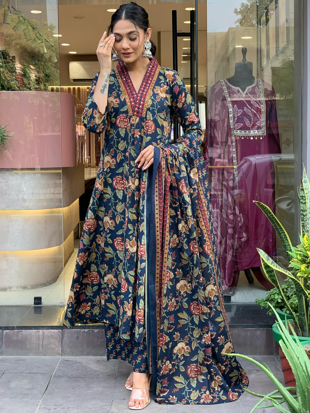 GoSriKi Women Floral Printed V-Neck Anarkali Kurta with Palazzos & With Dupatta