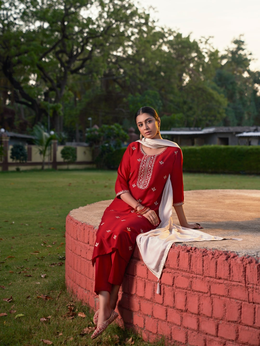 Colors  of Earth Floral Embroidered Sequinned Straight Kurta With Trousers & Dupatta