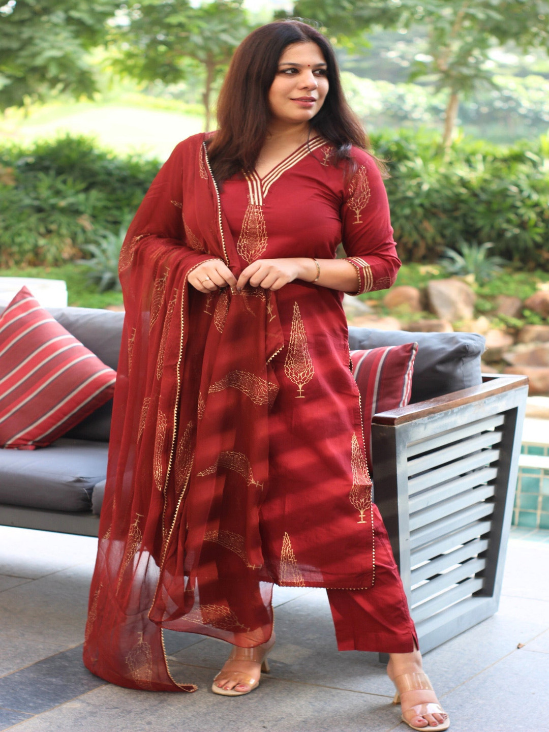 GoSriKi Ethnic Motifs Printed Straight Kurta With Trouser & Dupatta