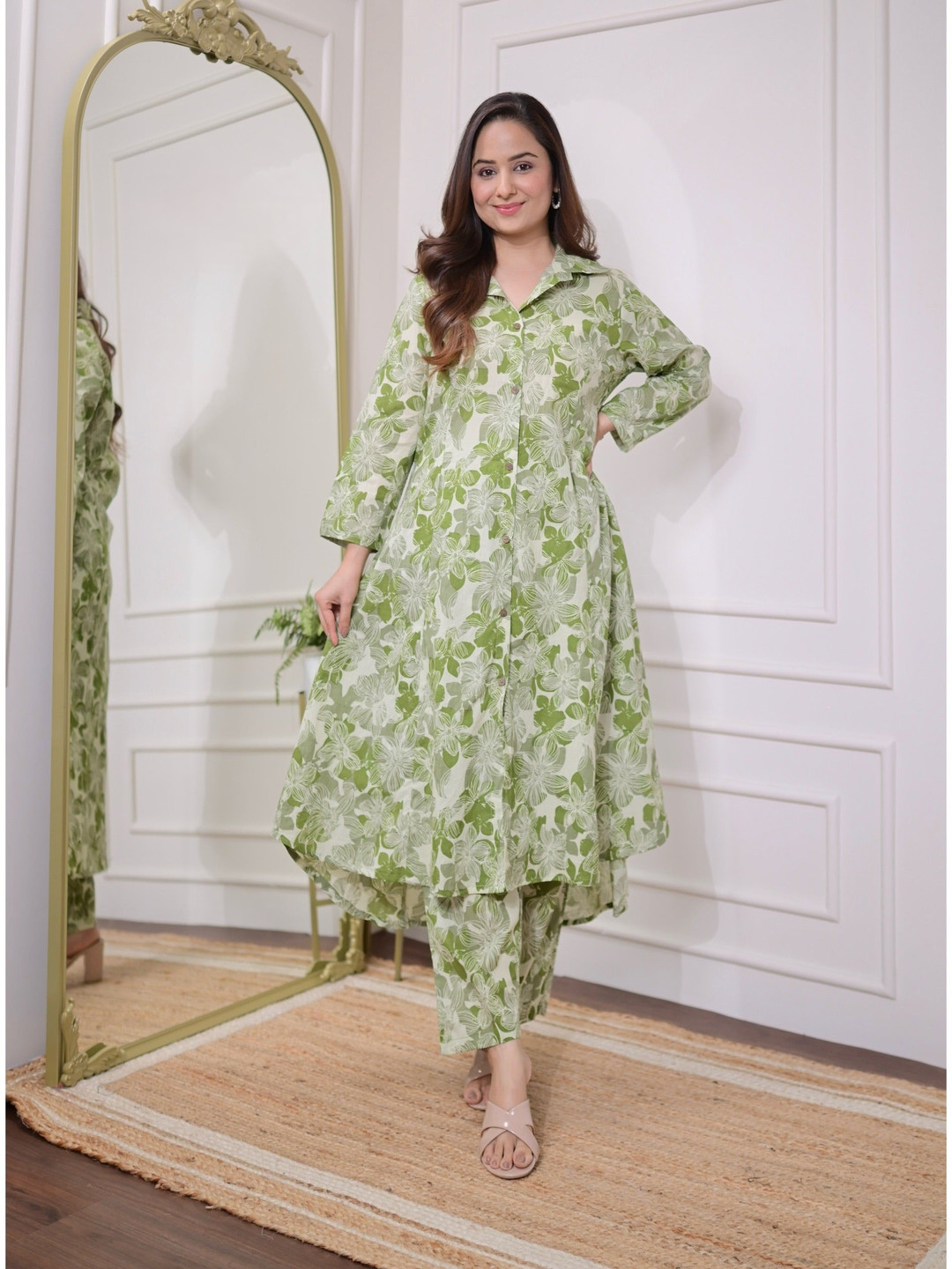 SIJOPA Floral Printed Shirt Collar Long Sleeves A Line Kurta with Trousers