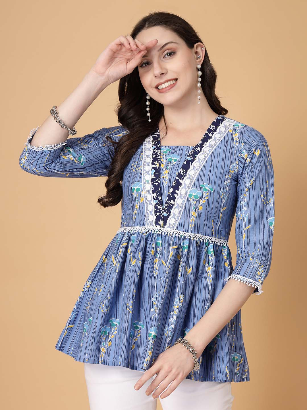 God Bless Women Cotton Square Neck Vertical Stripes Printed Cotton Lace Top