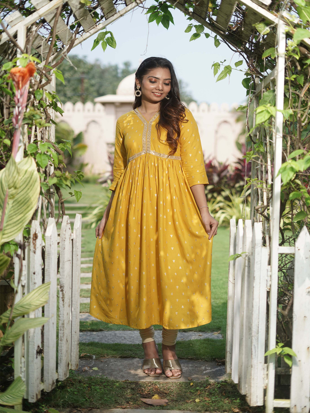 GO BOUJEE Ethnic Motifs Printed Panelled V-Neck Gotta Patti Cotton A-Line Kurta