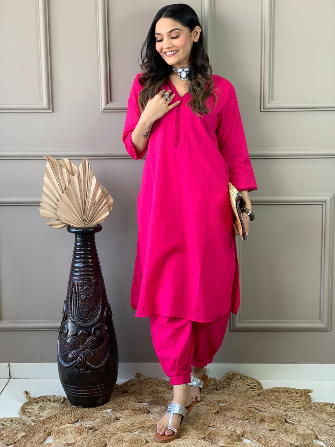 SIJOPA V-Neck Pure Cotton Straight Kurta With Trouser