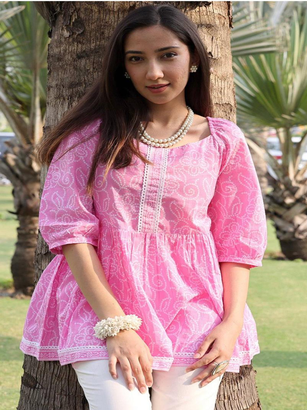 AAFAMI Women Floral Print Ethnic Cotton Puff Sleeves Top