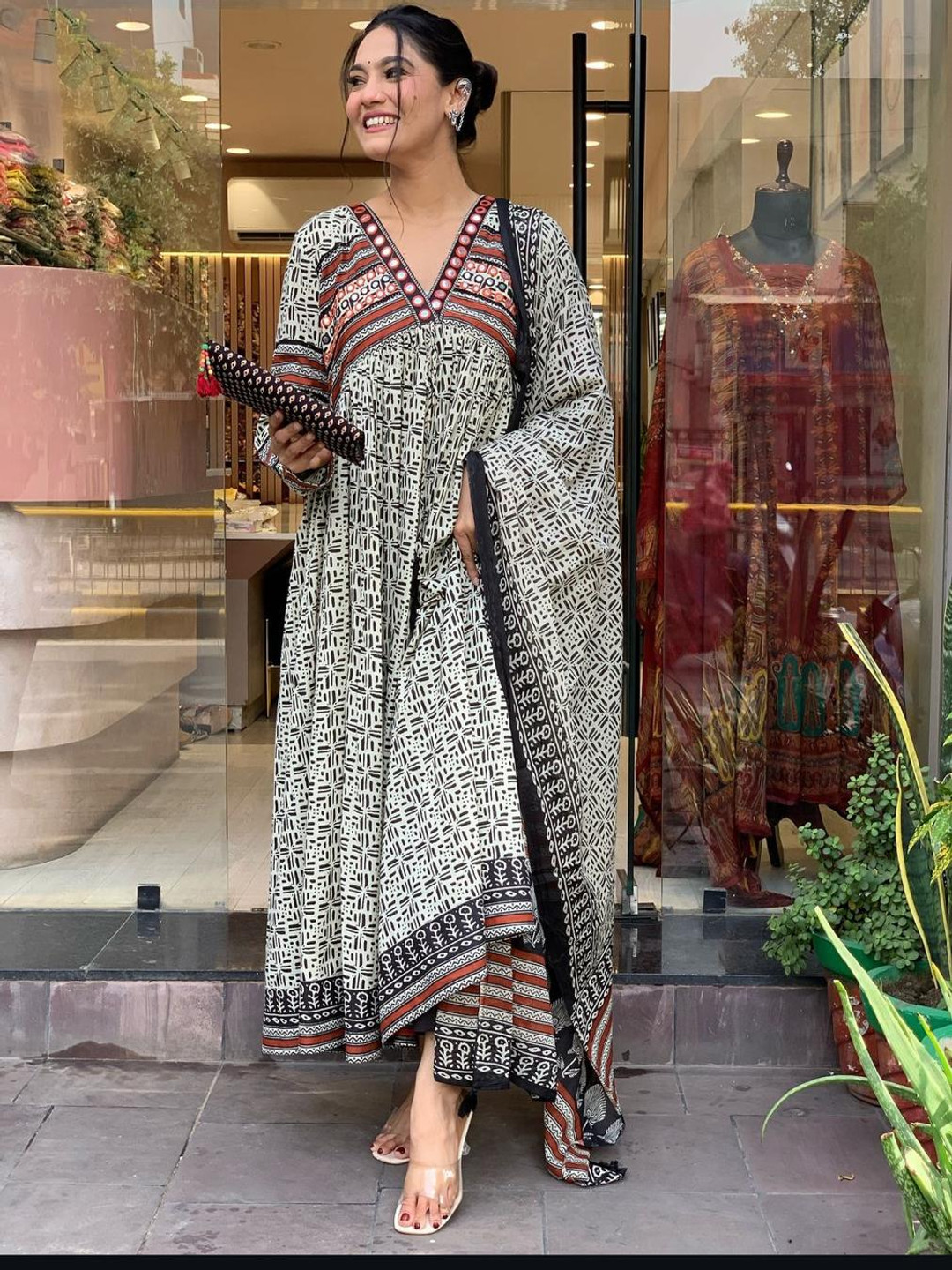 S.K.C Geometric Printed Empire Mirror Work Anarkali Kurta With Trouser & Dupatta