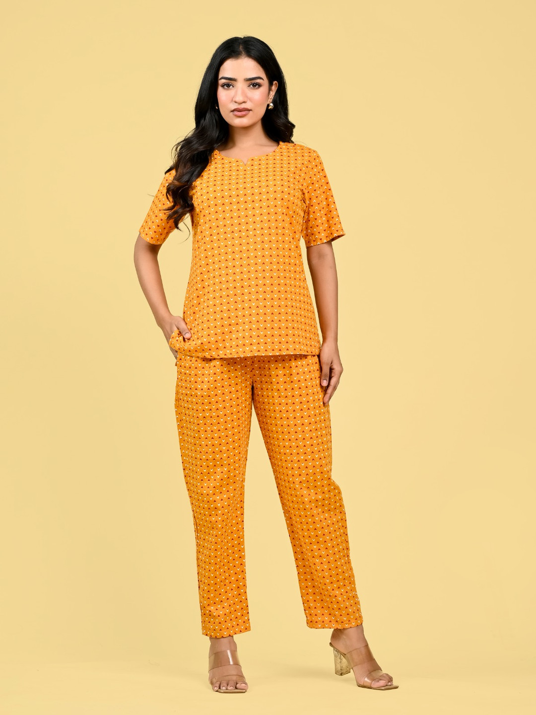 FCV Printed Round Neck Short Sleeves Pure Cotton Top With Pyjama