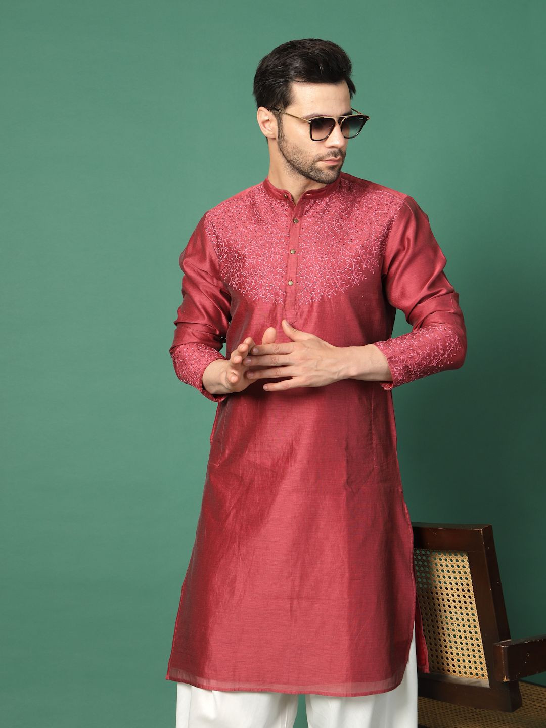 Sangria Peach Floral Embroidered Band Collar Machine Weave Straight Kurta