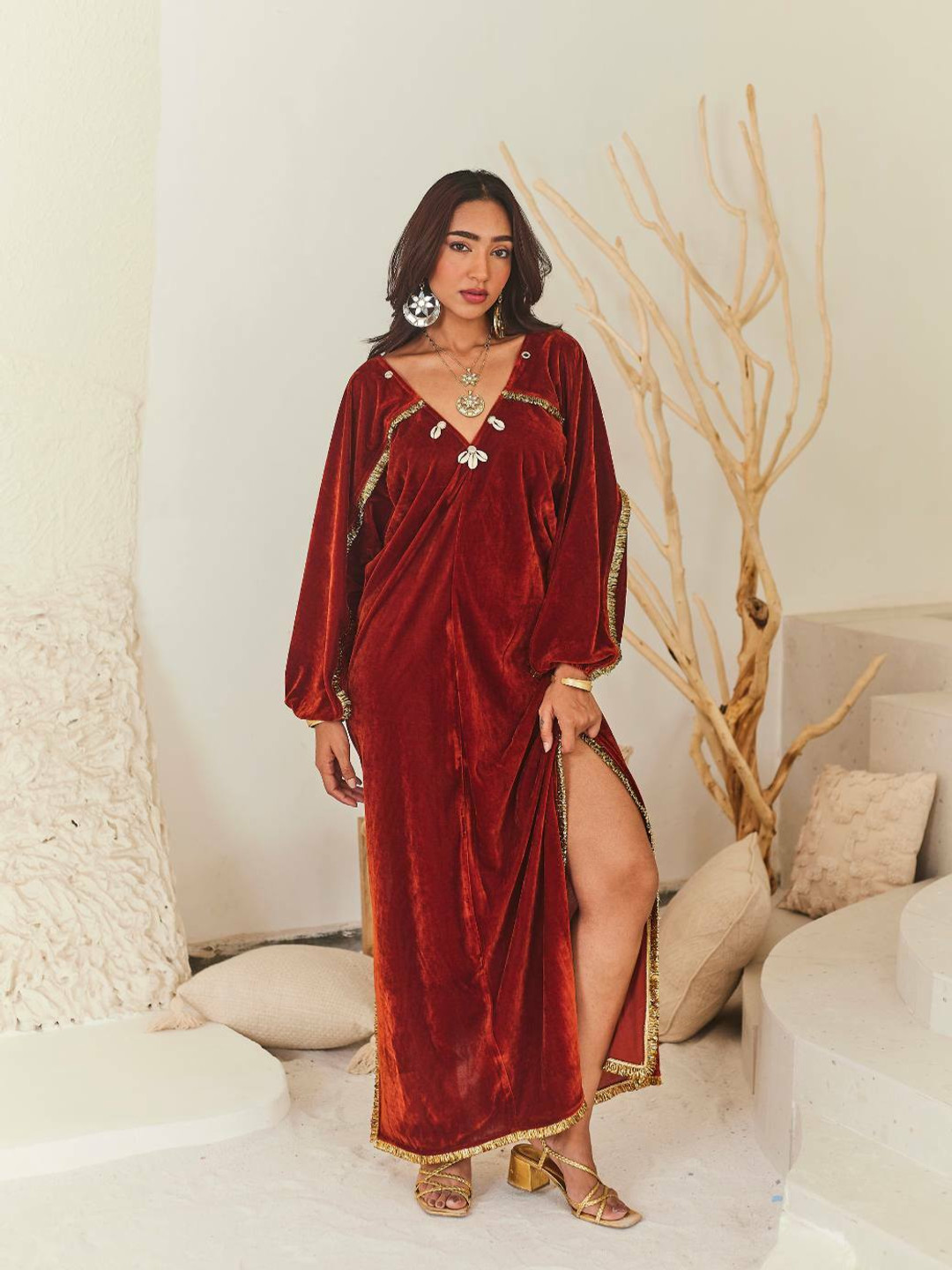 Urban Suburban Puff Sleeve Velvet Kaftan Maxi Dress