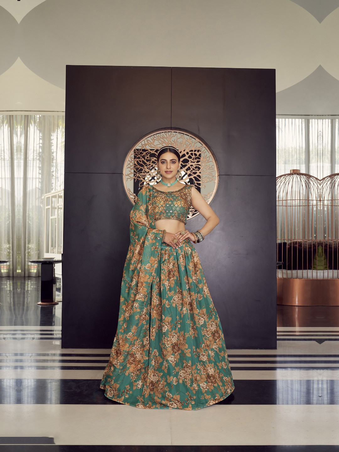 Fusionic Printed Sequinned Organza Semi-Stitched Lehenga & Unstitched Blouse With Dupatta
