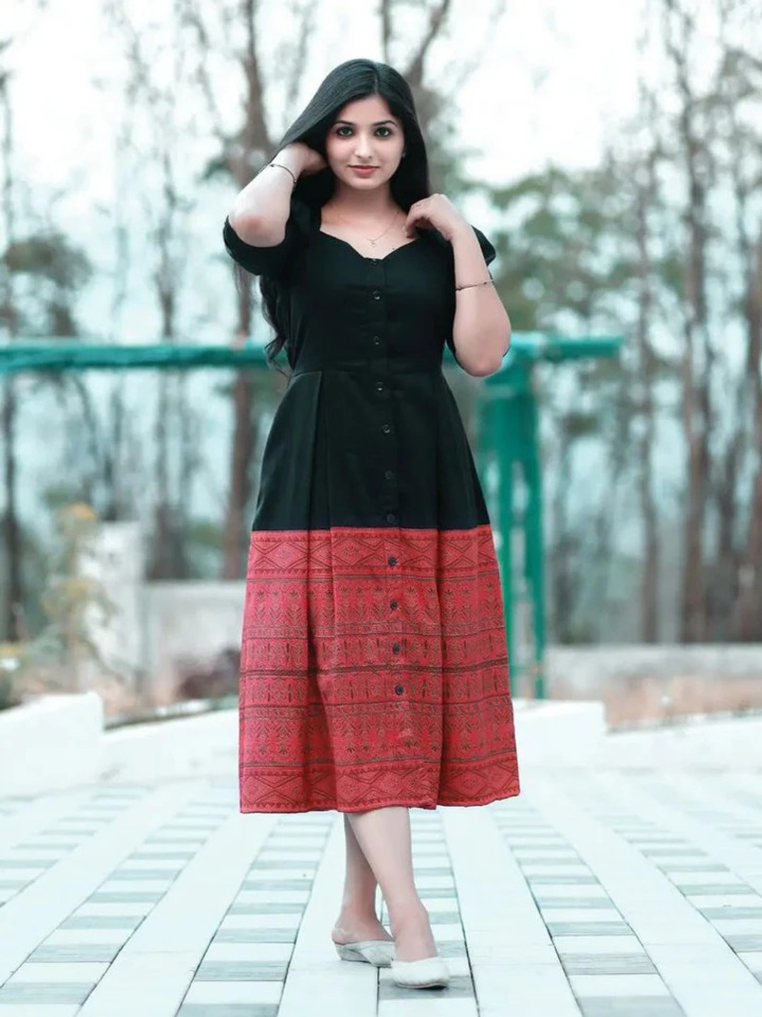 SHINISHA Print A-Line Midi Dress