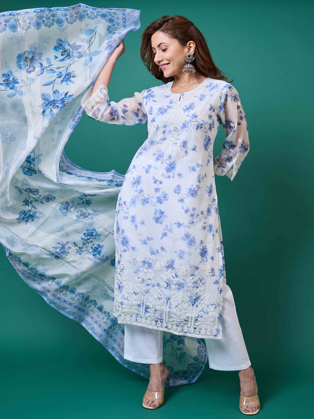 Peachmode Floral Printed Organza Key Hole Neck Straight Kurta With Trousers And Dupatta