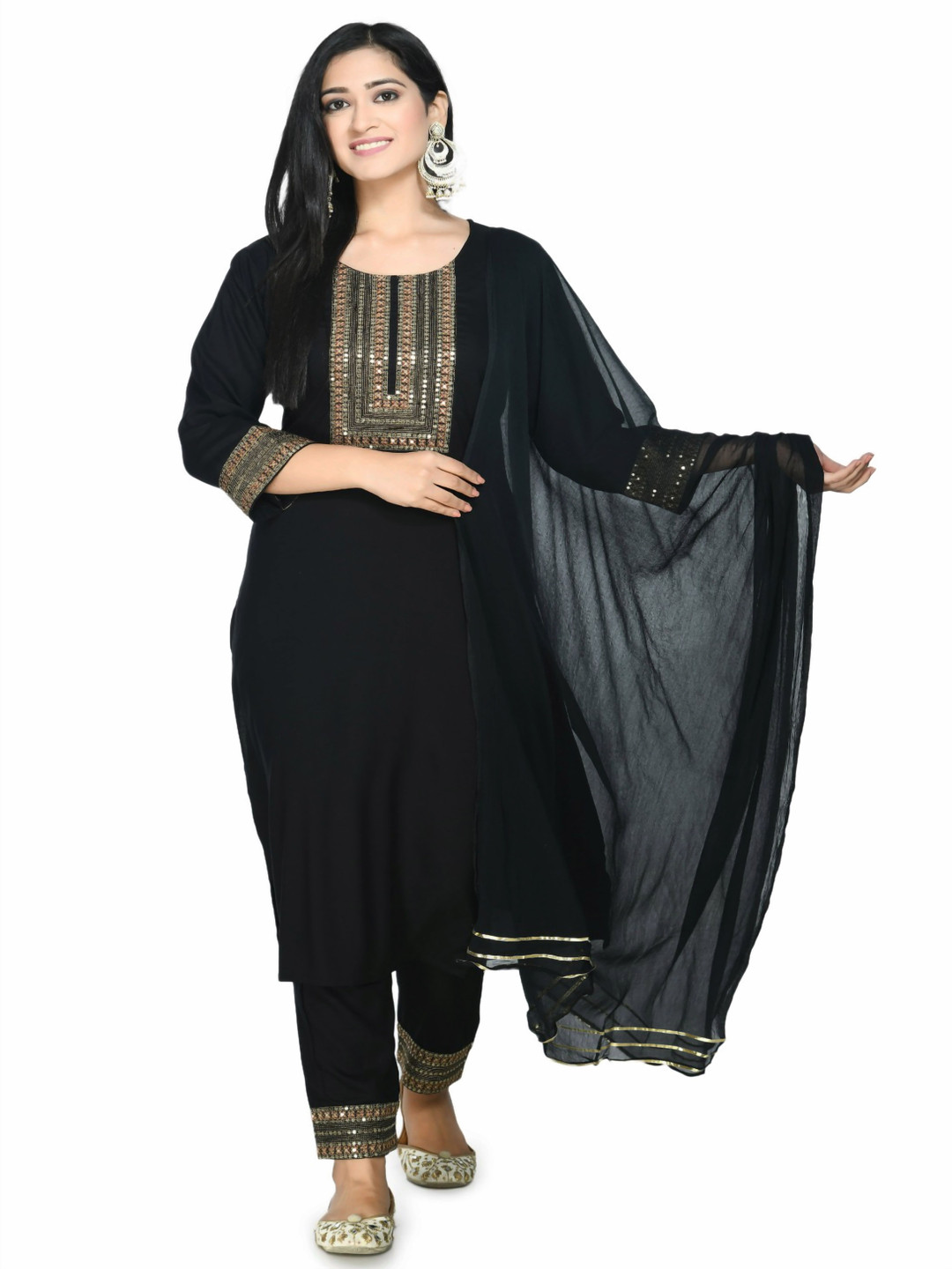 LIBOZA Embroidered Mirror Work Straight Kurta With Trouser And Dupatta