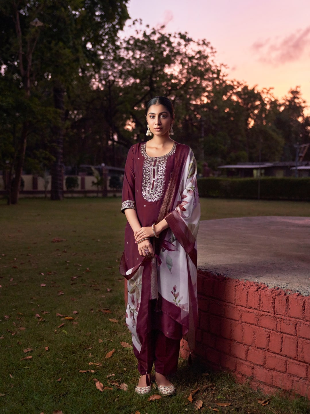 Colors  of Earth Floral Embroidered Sequinned Straight Kurta With Trousers & Dupatta