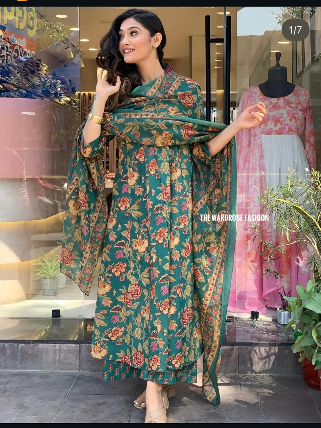 S.K.C Floral Printed Pleated Mirror Work V-Neck A-Line Kurta With Trouser & Dupatta