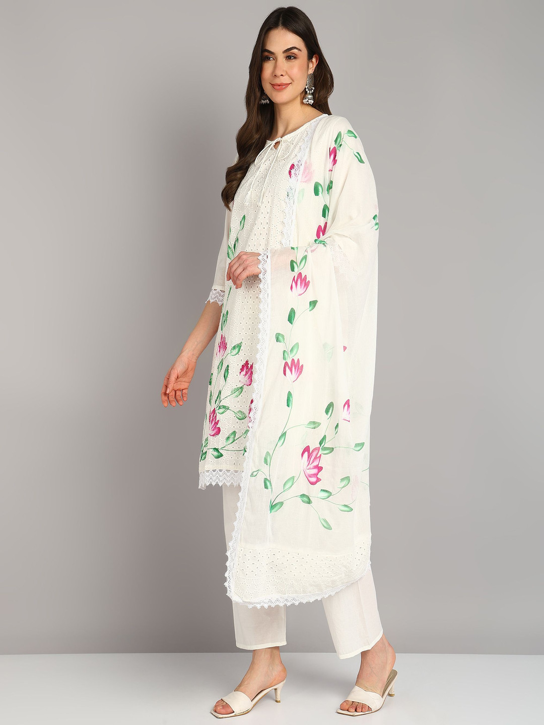 LP LABEL PEHNAVA Printed Schiffli Pure Cotton Straight Kurta With Trouser And Dupatta