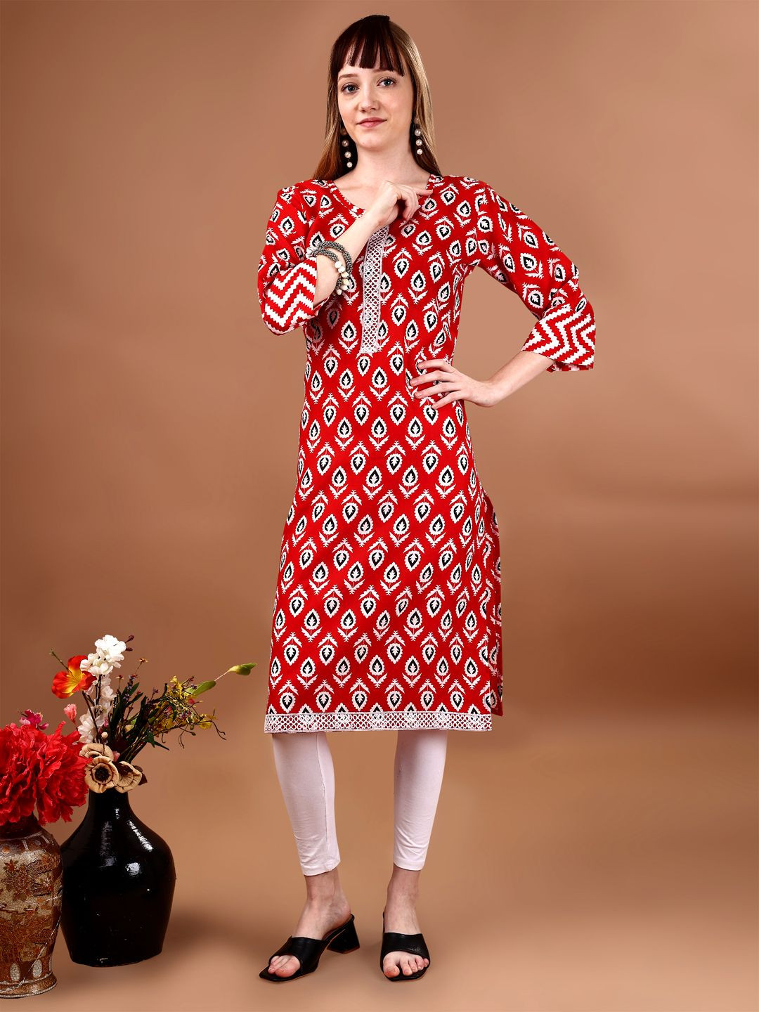 valdona Women Red Printed Cotton Kurta