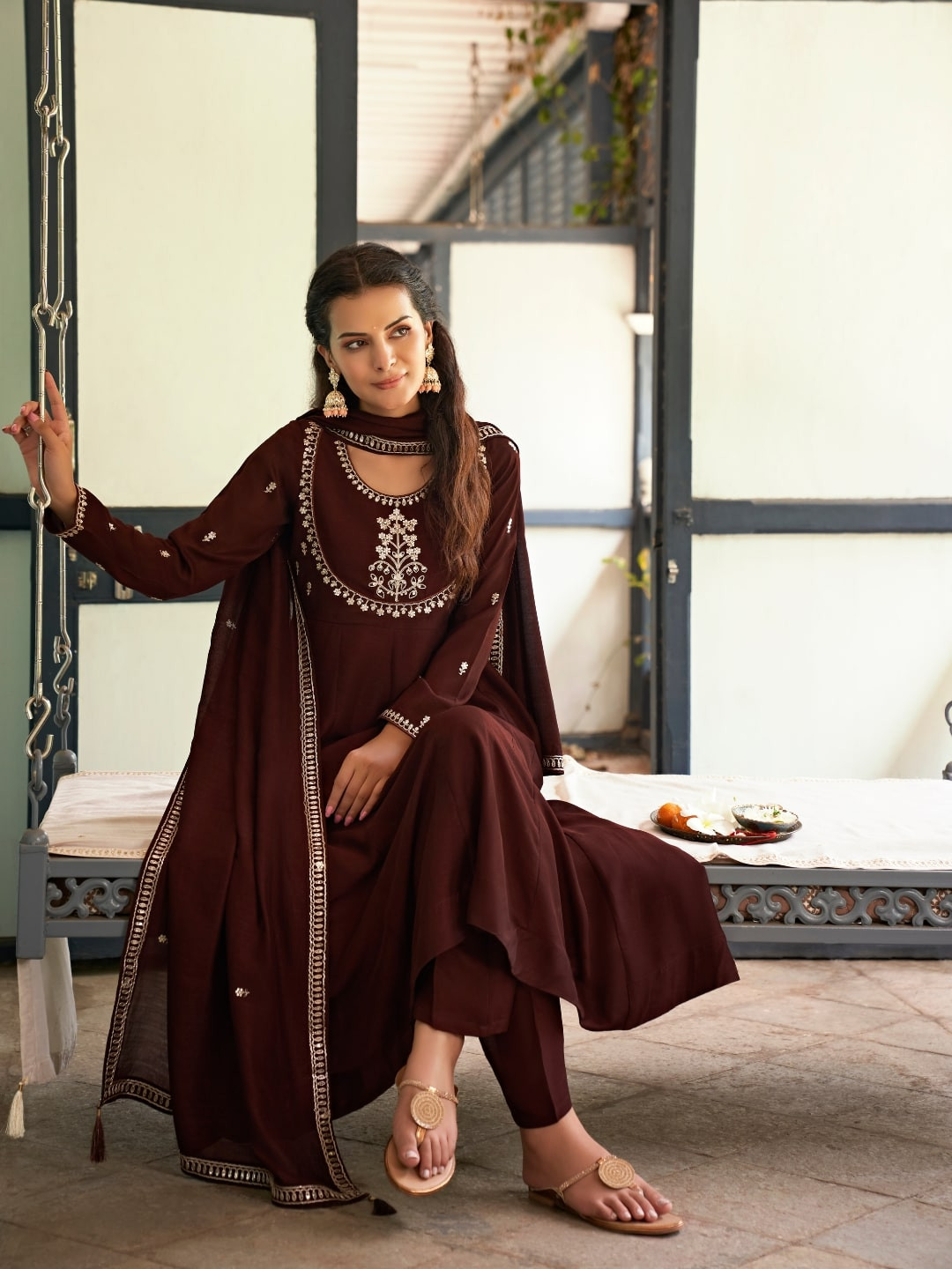 Colors  of Earth Ethnic Motifs Yoke Design Anarkali Kurta with Trousers & Dupatta