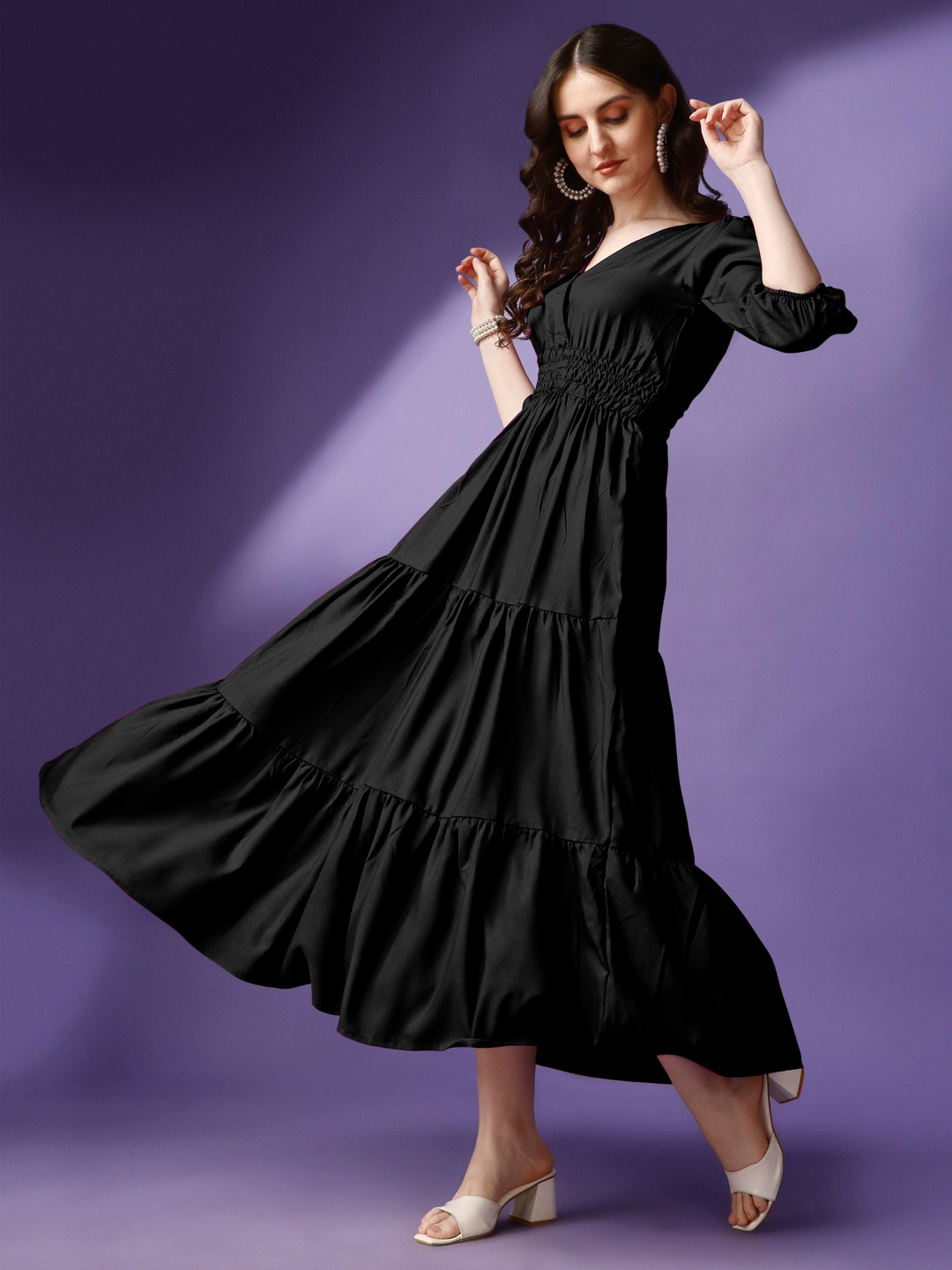 Krunal Raiyani Women Black V Neck Applique Crepe Fit & Flare Maxi Dress