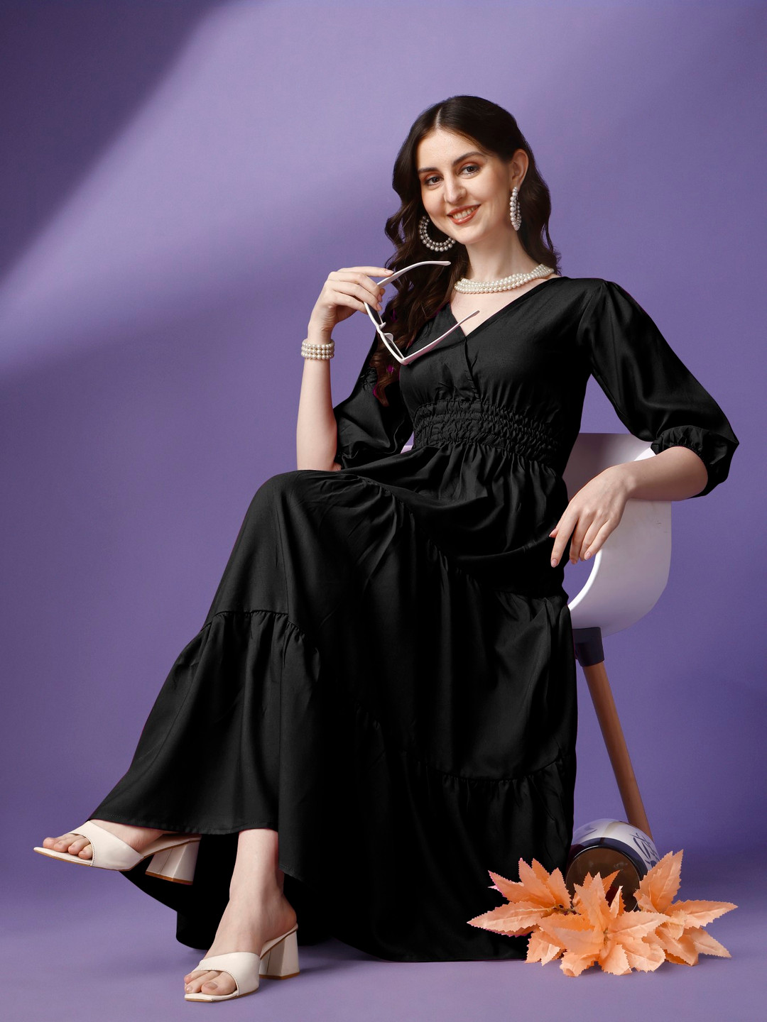 Raiyani Enterprise Women Black Applique Crepe Fit & Flare Maxi Dress