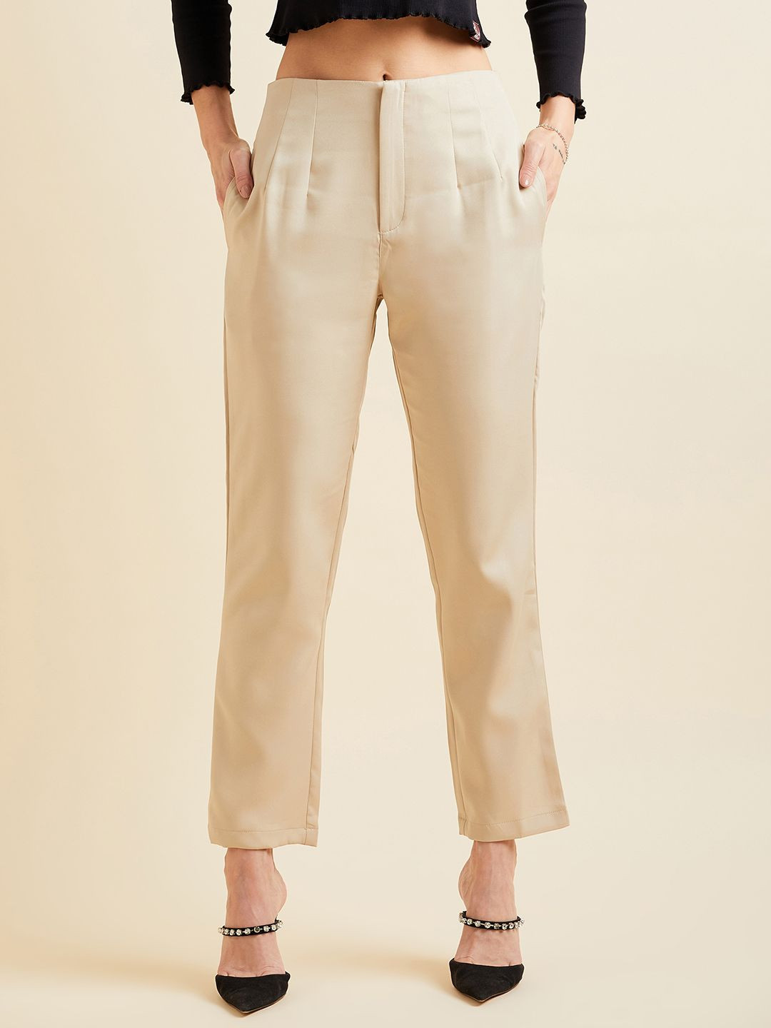 PANIT Women Smart Straight Fit High-Rise Cropped Trousers