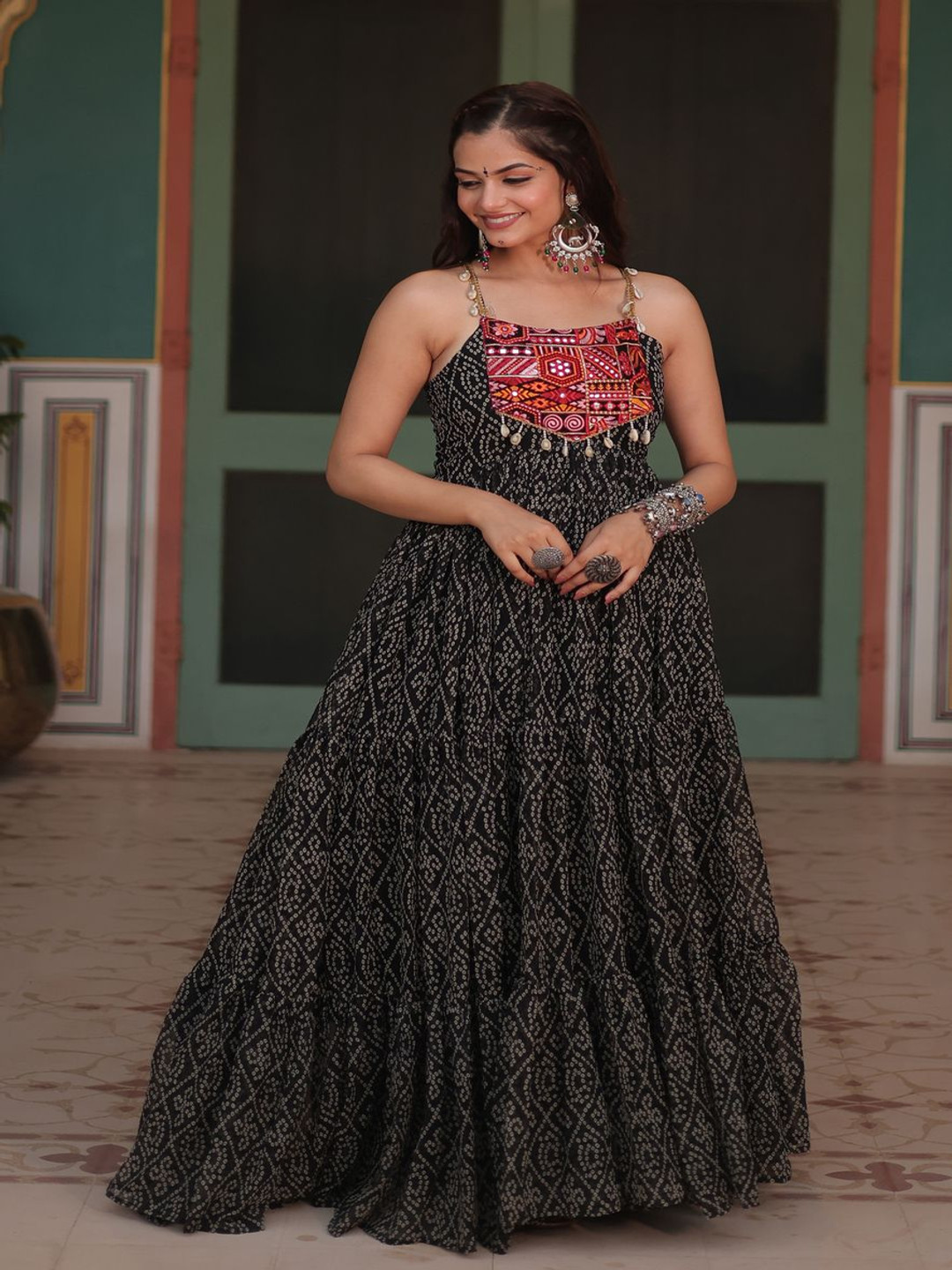 KALINI Women Printed Halter Neck Fit & Flared Maxi Ethnic Dresses